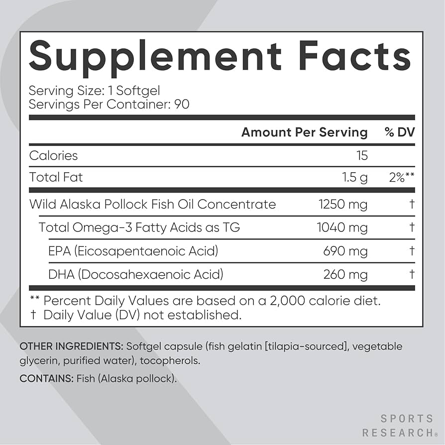 Sports Research Triple Strength Omega-3 Fish Oil 1250mg (Wild Alaska Pollock)