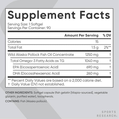 Sports Research Triple Strength Omega-3 Fish Oil 1250mg (Wild Alaska Pollock)